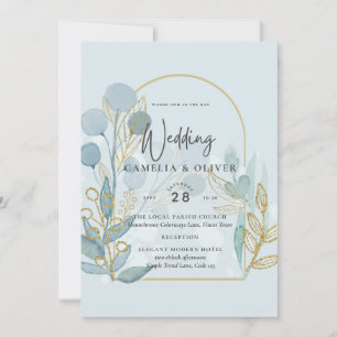Modern Botanica; Aqua SeaGlass Gold Wedding Invite