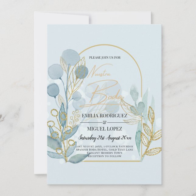 Modern Botanica; Aqua SeaGlass Gold Wedding Invite (Front)