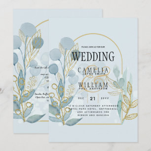 Modern Botanica; Aqua SeaGlass Gold Wedding Invite