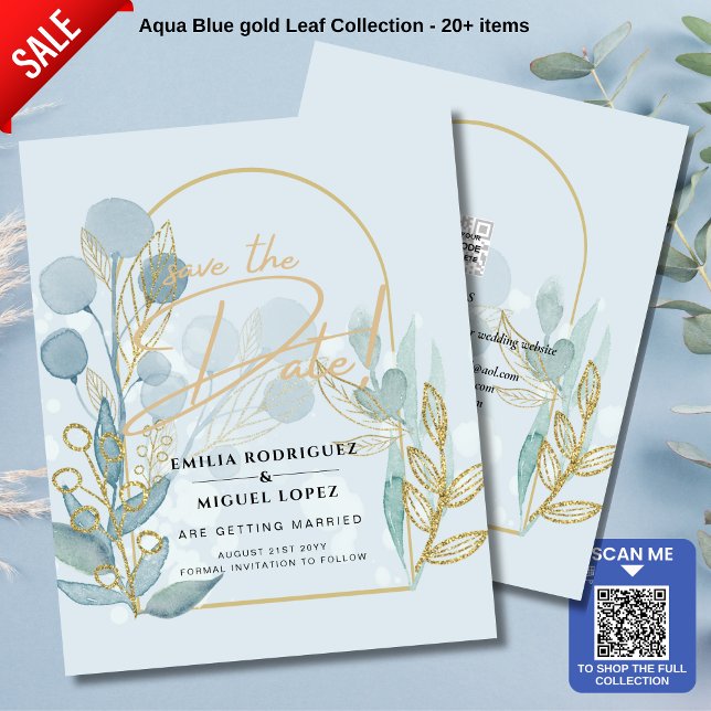 Modern Botanica; Aqua SeaGlass Gold Wedding Invite Flyer (Creator Uploaded)