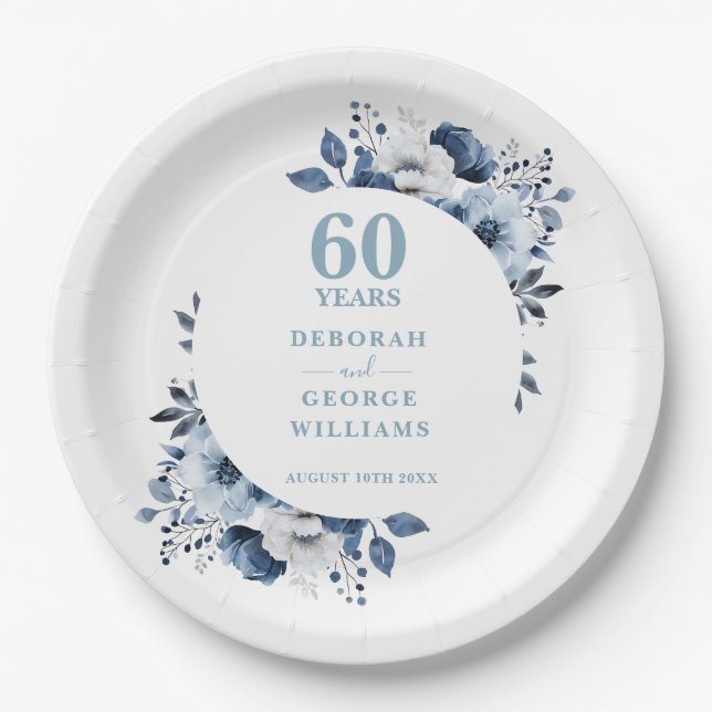 Modern Botanical 60th Diamond Wedding Anniversary Paper Plate (Front)