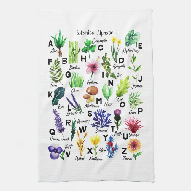 Modern Botanical Alphabet Floral Garden Kitchen Towel (Vertical)