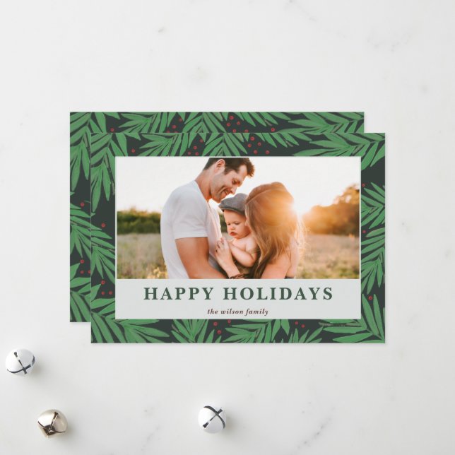 Modern Botanical Berries Green Photo    Holiday Card (Front/Back In Situ)