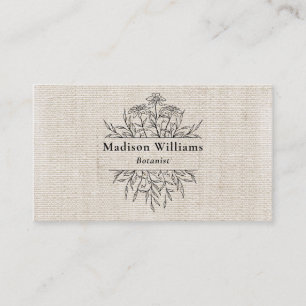 Modern Botanical Black Name Natural Linen  Business Card