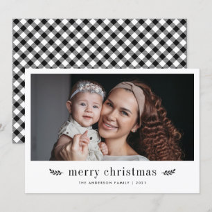 Modern Botanical Black Plaid Merry Christmas Photo Holiday Card