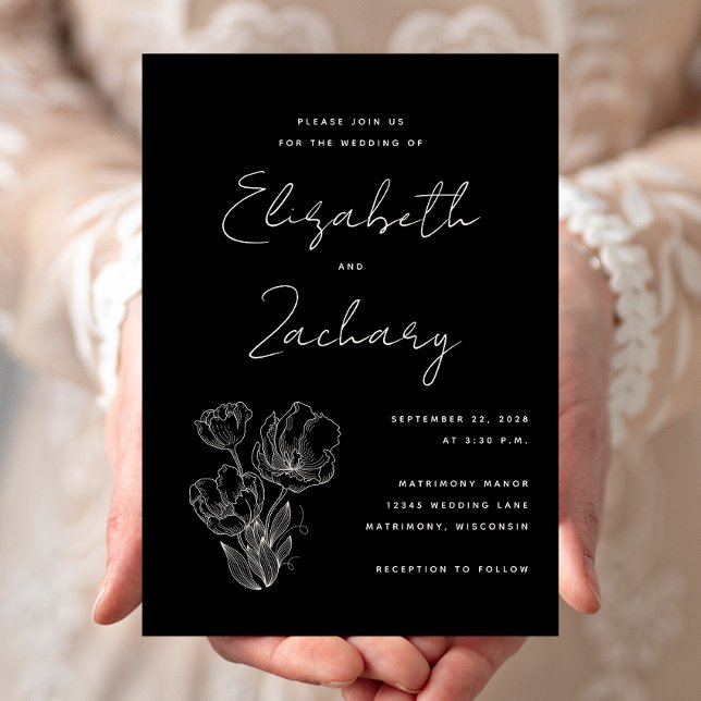 Modern Botanical Black Wedding Invitation (Creator Uploaded)