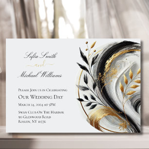 Modern Botanical Black White and Gold Wedding- Inv Invitation