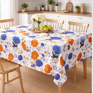 Modern Botanical Blue & Orange Floral Tablecloth