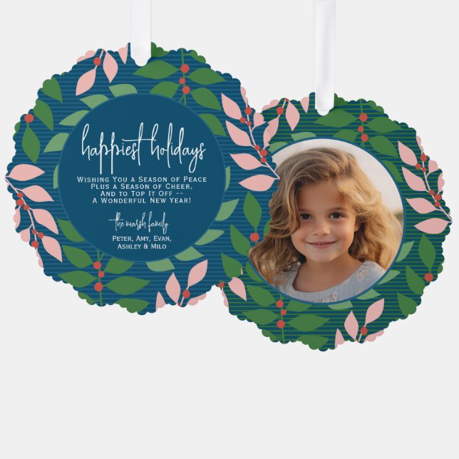 Modern botanical blue - Photo - Happiest Holiday Ornament Card (Front/Back)
