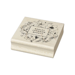 Modern Botanical Blush and Black Square Rubber Stamp