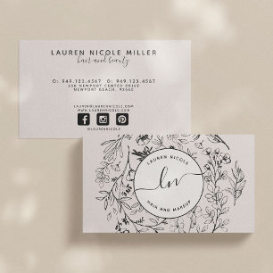 Modern Botanical Blush Black White Script Initials Business Card