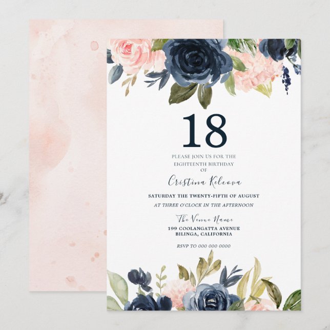 Modern Botanical Blush & Navy Floral 18th Birthday Invitation (Front/Back)