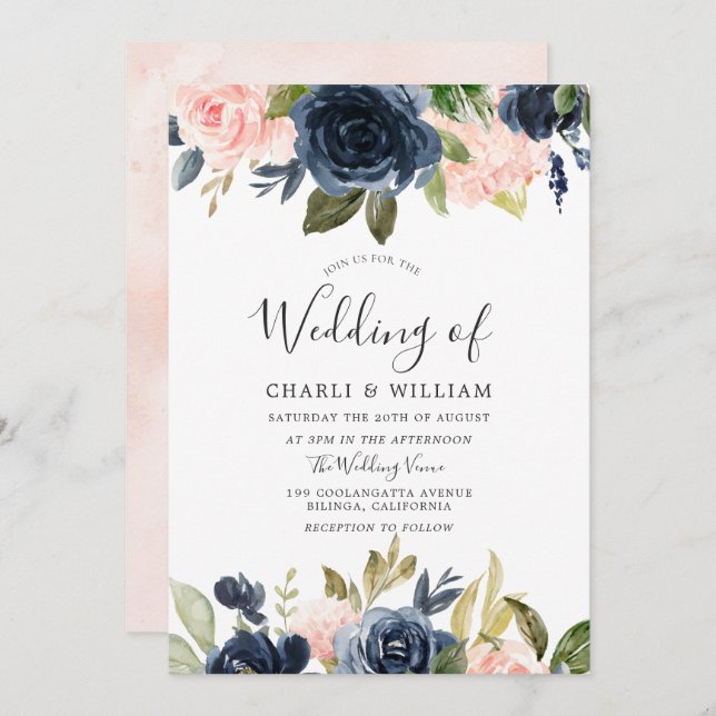 Modern Botanical Blush & Navy Floral Wedding Invitation (Front/Back)