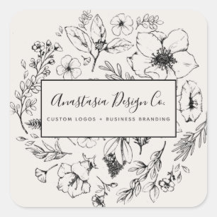 Modern Botanical Blush Pink and Black Script Square Sticker