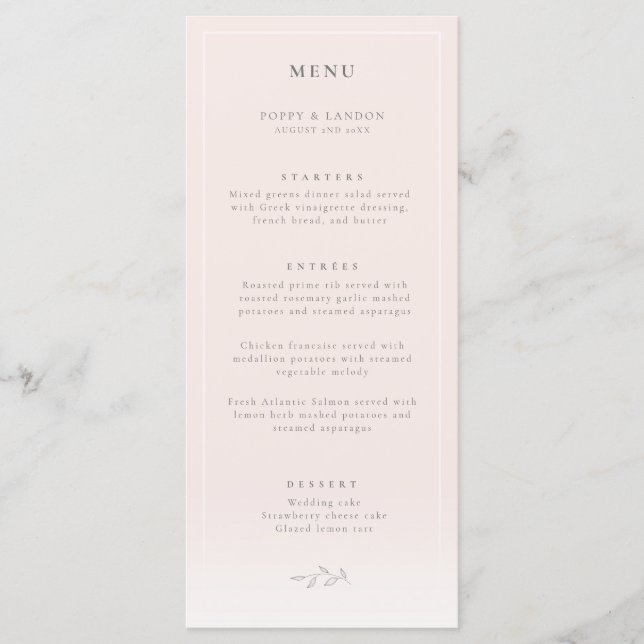 Modern Botanical Blush Pink Wedding Menu (Front)