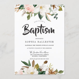 Modern Botanical Blush & White Floral Baptism Invitation
