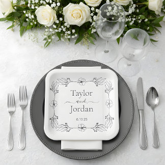 Modern Botanical Border Custom Name Wedding  Paper Plate