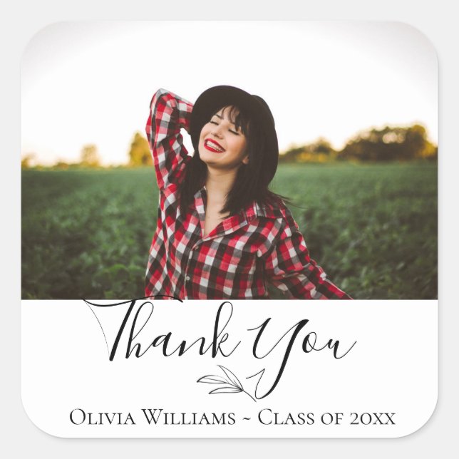 Modern Botanical Branch Photo Graduation Square Sticker (Front)
