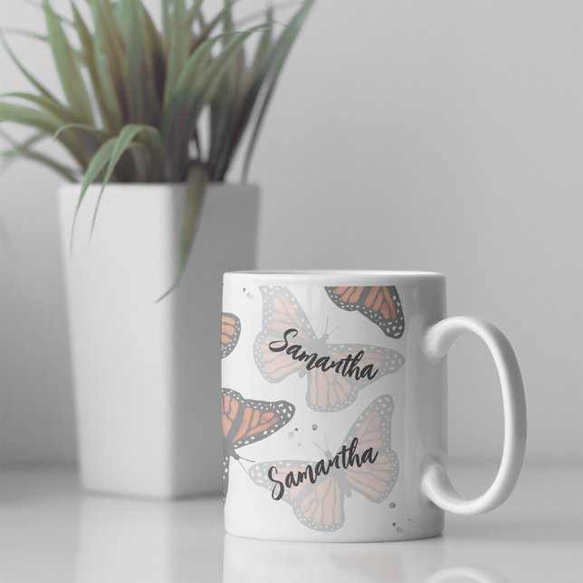Modern Botanical Butterflies Personalized Coffee Mug (Personalized botanical butterflies custom coffee mug.)