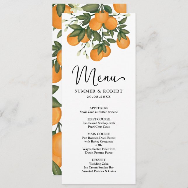 Modern Botanical Citrus Greenery Wedding Menu Card (Front/Back)