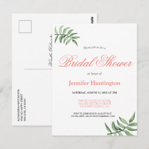 Modern Botanical Coral Bridal Shower Invitation Postcard