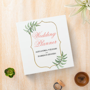 Modern Botanical Coral Green Gold Wedding Planner Binder