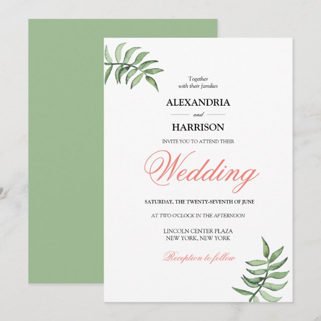 Modern Botanical Coral Green Wedding Invitation (Front/Back)
