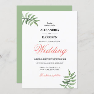 Modern Botanical Coral Green Wedding Invitation