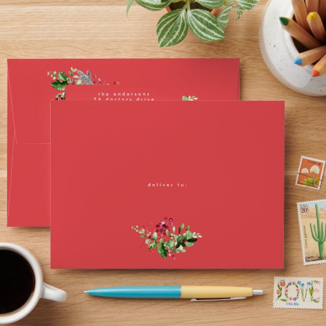 Modern Botanical Custom Christmas Holiday Envelope (Desk)