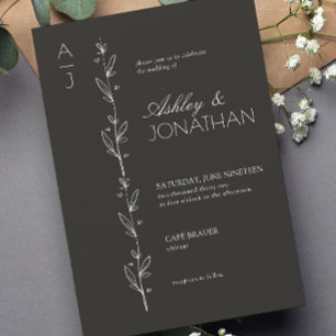 Modern Botanical Divider Wedding Black Invitation