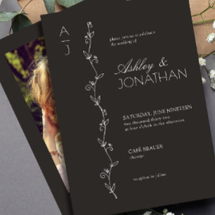 Modern Botanical Divider Wedding Black Photo Invitation