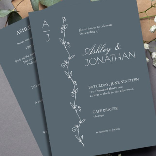 Modern Botanical Divider Wedding Blue All-in-One Invitation (Creator Uploaded)