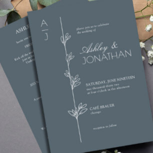 Modern Botanical Divider Wedding Blue All-in-One Invitation