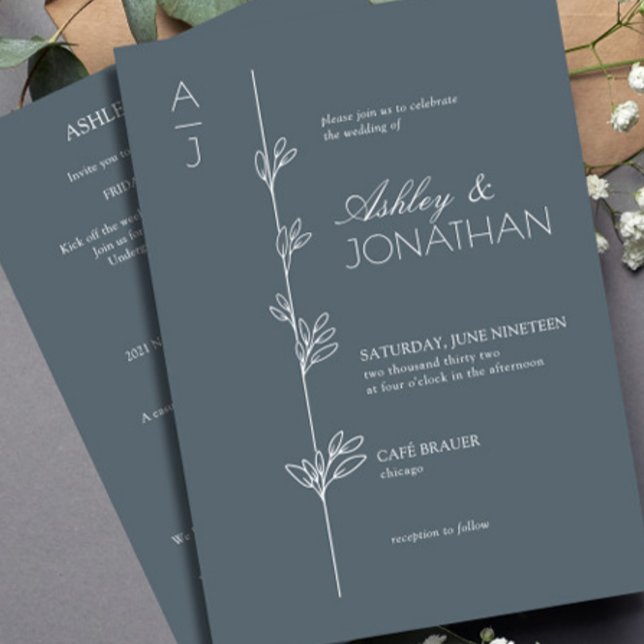 Modern Botanical Divider Wedding Blue All-in-One Invitation (Creator Uploaded)