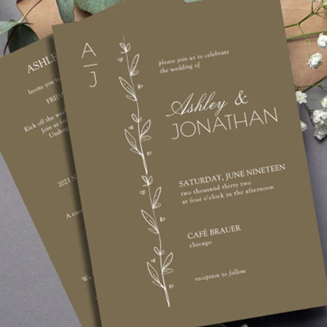 Modern Botanical Divider Wedding Brown All-in-One Invitation (Creator Uploaded)