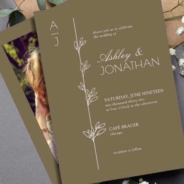 Modern Botanical Divider Wedding Brown Photo Invitation (Creator Uploaded)