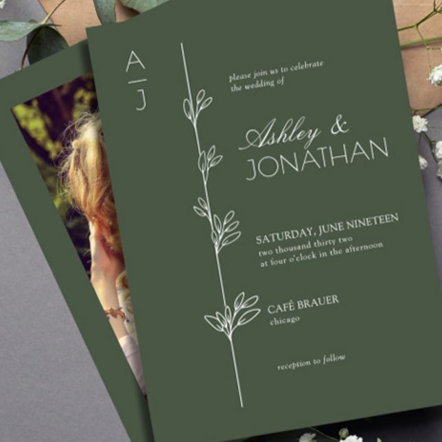Modern Botanical Divider Wedding Green Photo Invitation (Creator Uploaded)