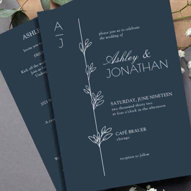 Modern Botanical Divider Wedding Navy All-in-One Invitation (Creator Uploaded)