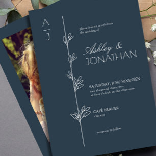 Modern Botanical Divider Wedding Navy Blue Photo Invitation