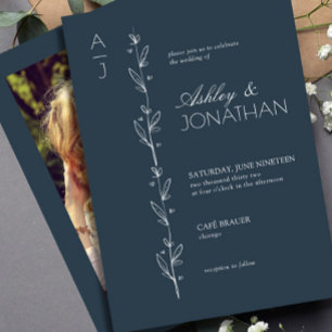 Modern Botanical Divider Wedding Navy Blue Photo Invitation