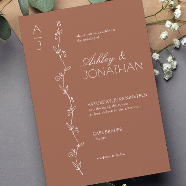 Modern Botanical Divider Wedding Terracotta Invitation (Creator Uploaded)