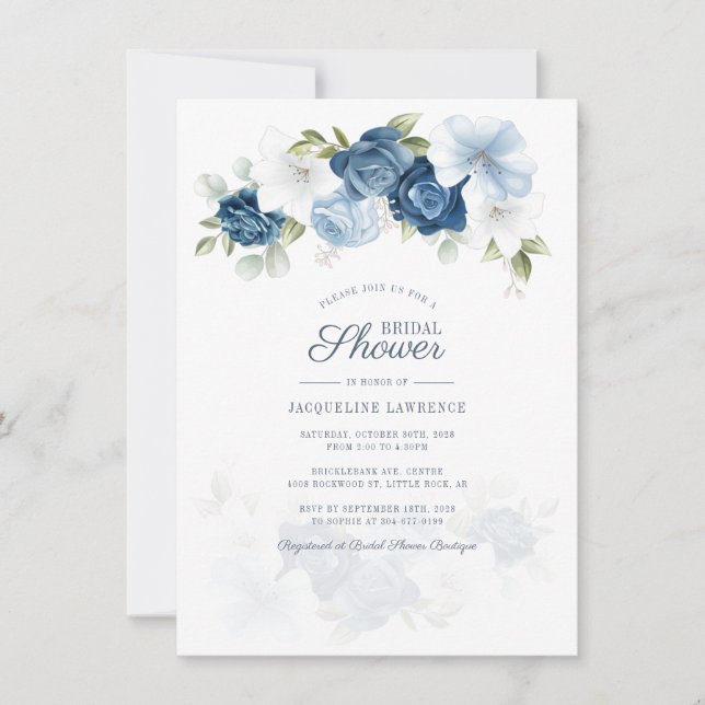 Modern Botanical Dusty Blue Floral Bridal Shower Invitation (Front)