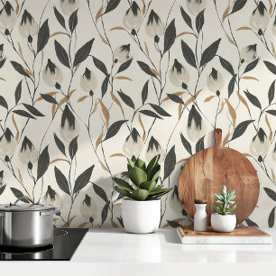 Modern Botanical Elegance - Black & Beige Floral Wallpaper