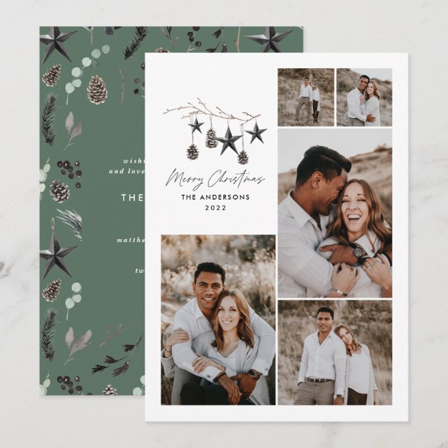 Modern botanical elegant green white stylish holiday card (Front/Back)