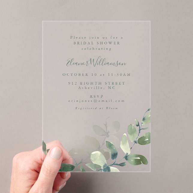 Modern Botanical Eucalyptus Boho Bridal Shower Acrylic Invitations (Insitu (Handheld))