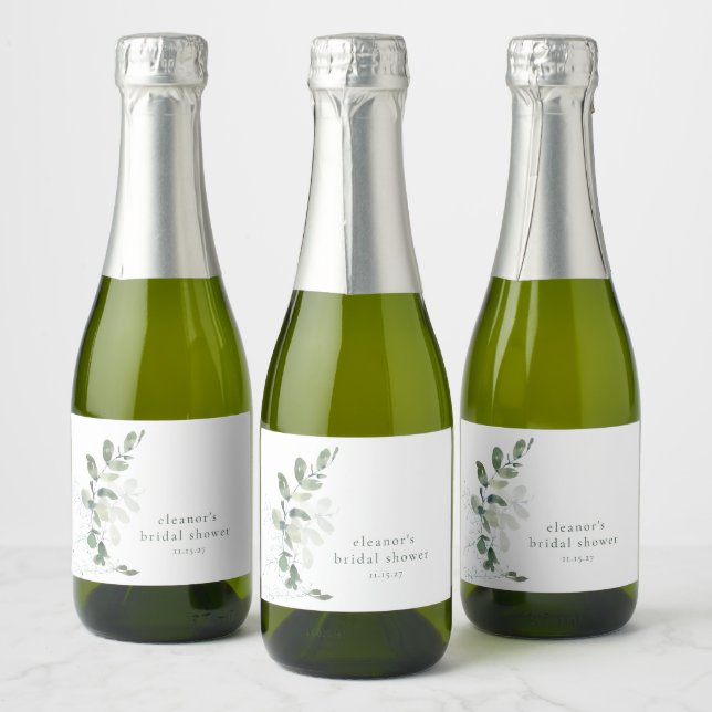 Modern Botanical Eucalyptus Custom Bridal Shower  Sparkling Wine Label (Bottles)