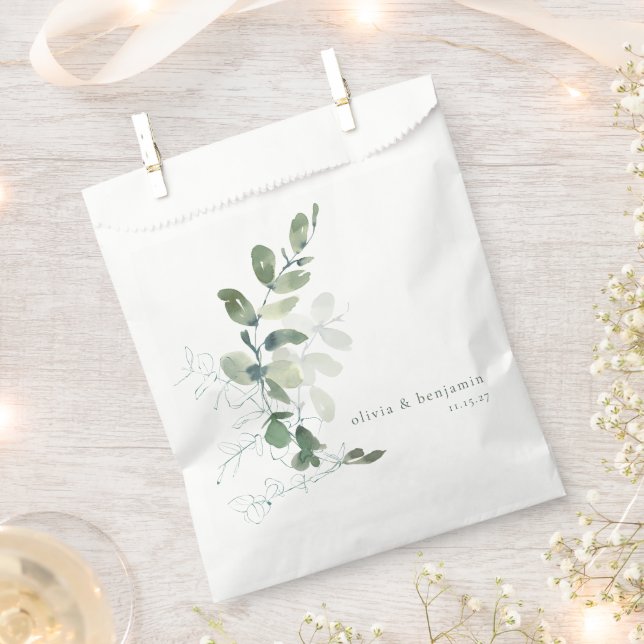 Modern Botanical Eucalyptus Custom Wedding Name  Favour Bag (Clipped)