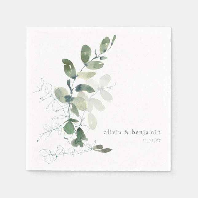 Modern Botanical Eucalyptus Custom Wedding Name Napkin (Front)