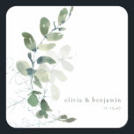 Modern Botanical Eucalyptus Custom Wedding Name  Square Sticker<br><div class="desc">Modern Botanical Eucalyptus Custom Wedding Name Square Sticker</div>