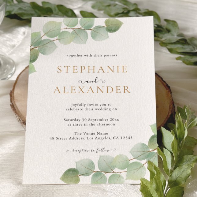 Modern Botanical Eucalyptus Greenery Gold Wedding  Invitation (Creator Uploaded)